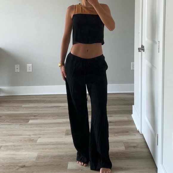 Zara casual loose flowy black crinkle pants - Picture 2 of 6